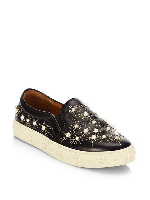 Aquazzura - Cosmic Pearls Leather Slip-On Sneakers