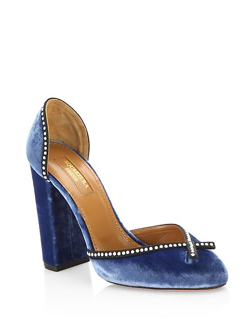 Aquazzura - Lou Lou Pearly Velvet Block Heel Pumps