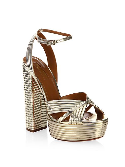 Aquazzura - Sundance Ribbed Metallic Leather Platform Sandals