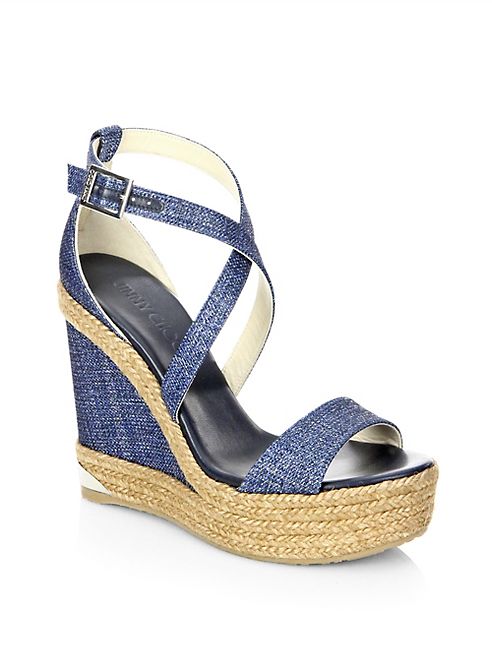 Jimmy Choo - Portia 120 DFW Metallic Denim Espadrille Wedge Sandals