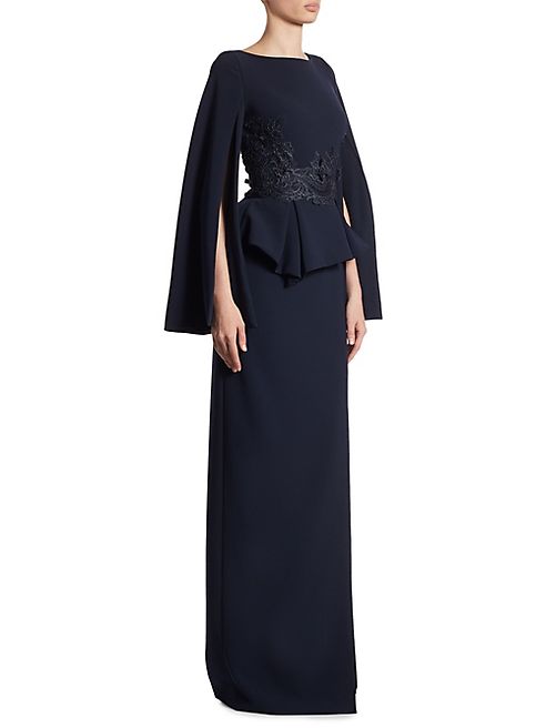 Theia - Lace Cape Sleeve Peplum Gown