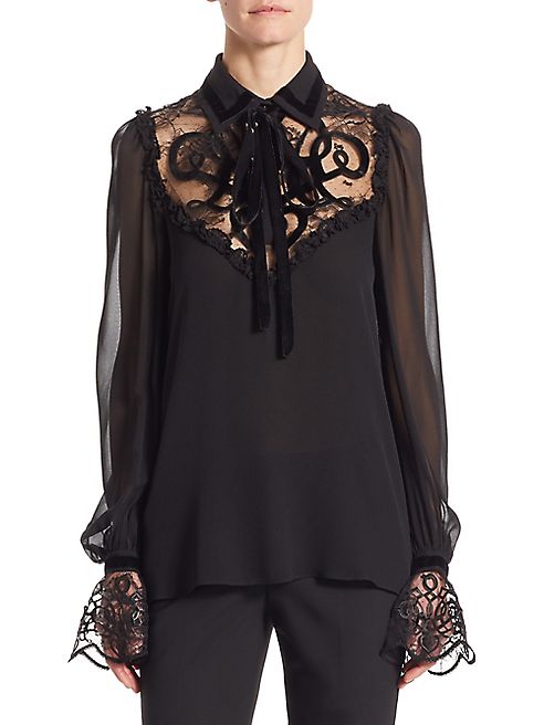 ELIE SAAB - Velvet-Trimmed Embroidered Lace Bell Sleeve Blouse