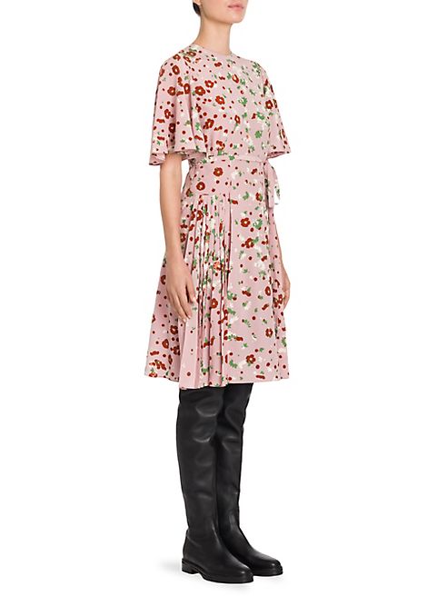 Valentino - Flutter Sleeve Pleated Dasiy-Print Silk Dress