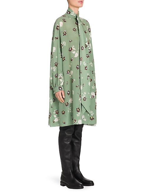 Valentino - Flowers Fall Silk Tie-Neck Tent Dress