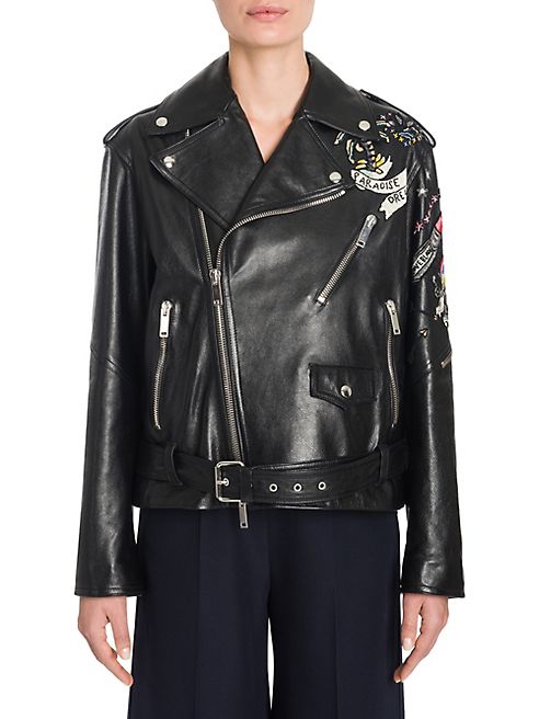 Valentino - Tattoo Embroidered Leather Biker Jacket