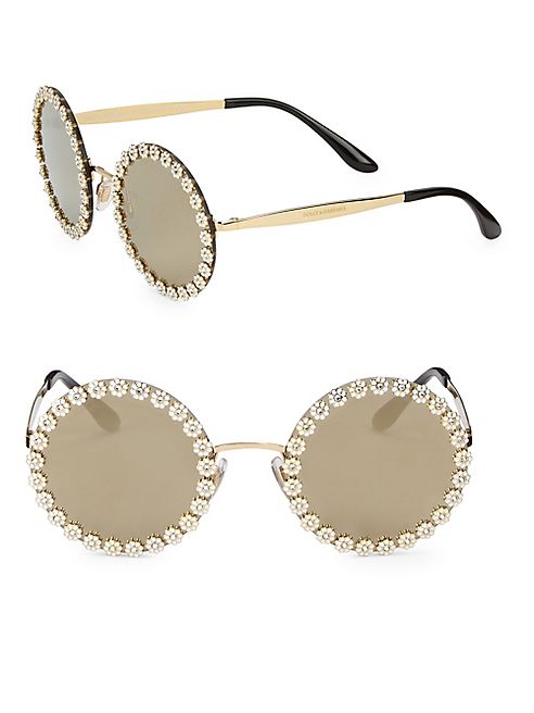 Dolce & Gabbana - 56MM Floral-Trim Mirrored Round Sunglasses