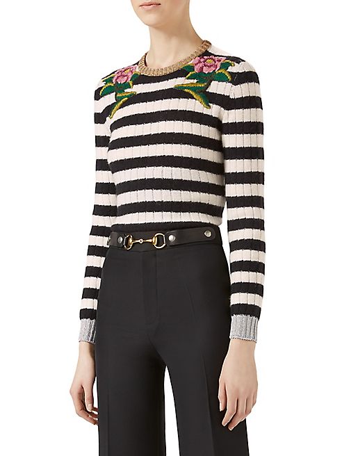 Gucci - Floral-Embroidered Striped Merino Wool & Cashmere Sweater