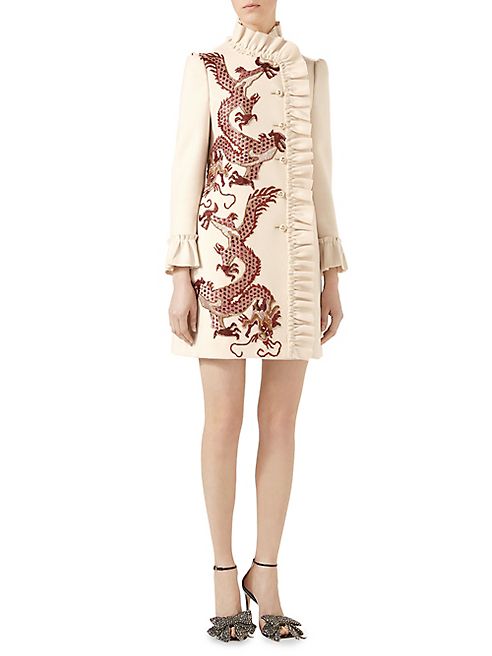 Gucci - Dragon-Embroidered Ruffled Wool Coat