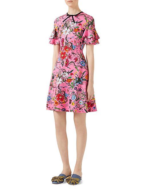 Gucci - Ruffled Flora Snake-Print Jersey Dress