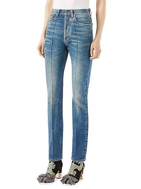 Gucci - Embroidered Stone Wash High-Waist Jeans