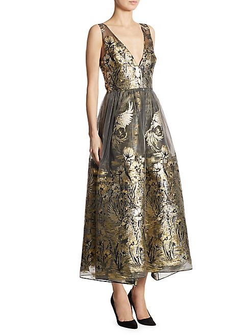 Marchesa Notte - Metallic Fil Coupe Midi Dress