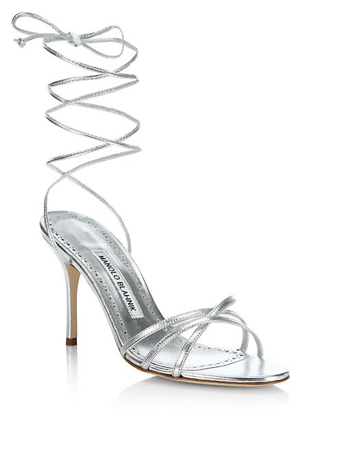 Manolo Blahnik - Leva 90 Metallic Leather Ankle-Wrap Sandals