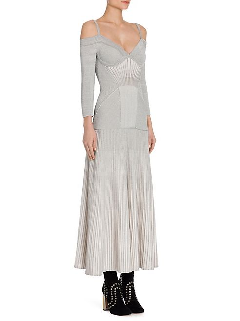 Alexander McQueen - Rib-Knit Off-The-Shoulder Metallic Midi Dress