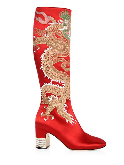 Gucci - Candy Dragon-Embroidered Satin Tall Boots