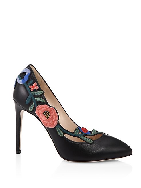 Gucci - Ophelia Floral-Embroidered Leather Pumps