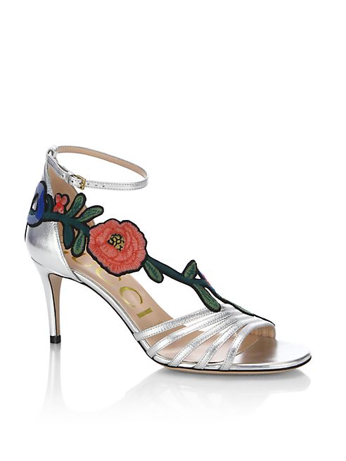 Gucci - Ophelia Floral-Embroidered Metallic Leather Sandals