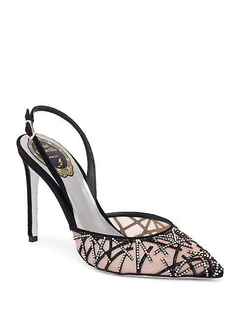 Rene Caovilla - Mesh & Crystal Studded Slingback Pumps