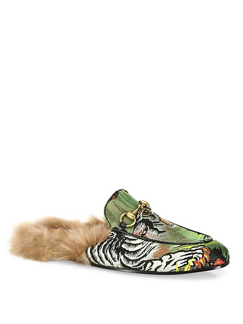 Gucci - Princetown Shearling & Printed Satin Slippers