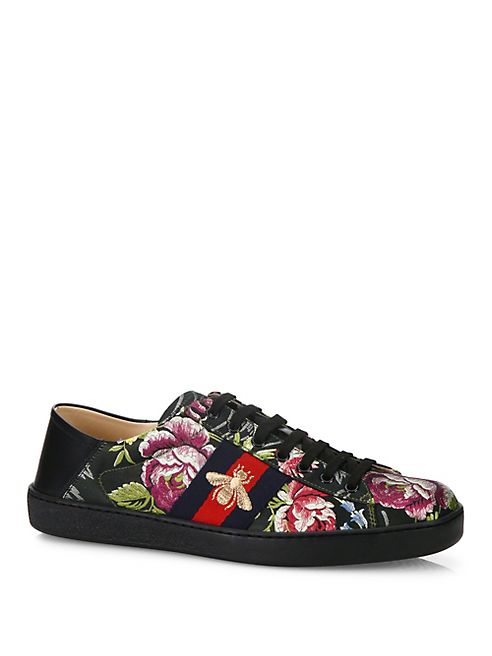 Gucci - New Ace Floral Jacquard & Leather Sneakers