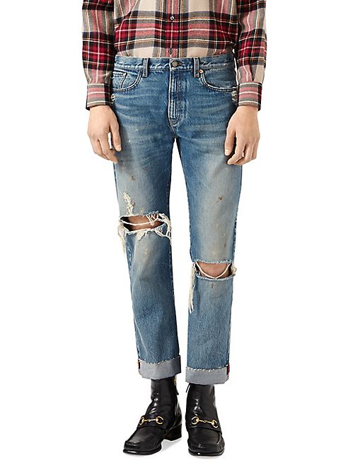 Gucci - Distressed Jeans with Embroidered Ribbon