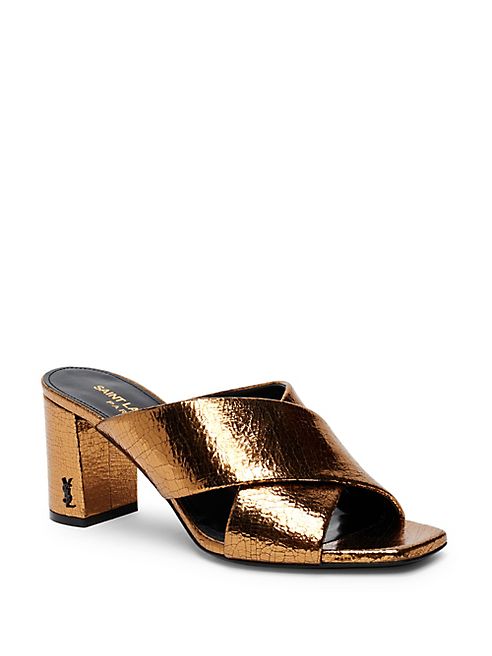 Saint Laurent - Loulou Metallic Leather Crisscross Block Heel Mules