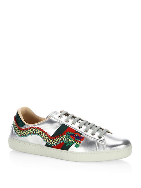 Gucci - New Ace Dragon Metallic Leather Sneakers