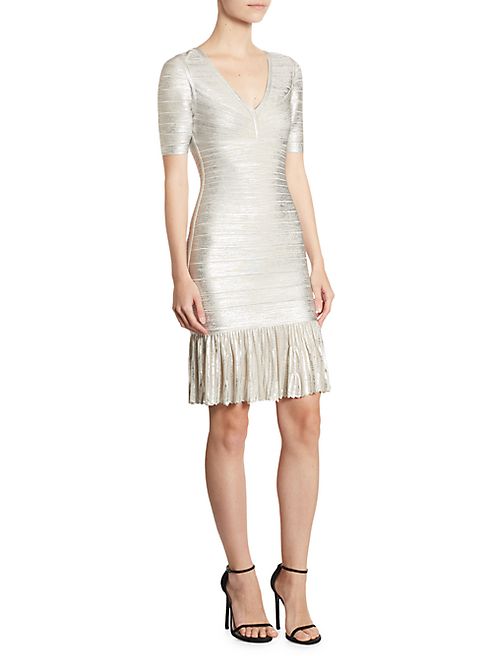 Herve Leger - Metallic V-Neck Dress