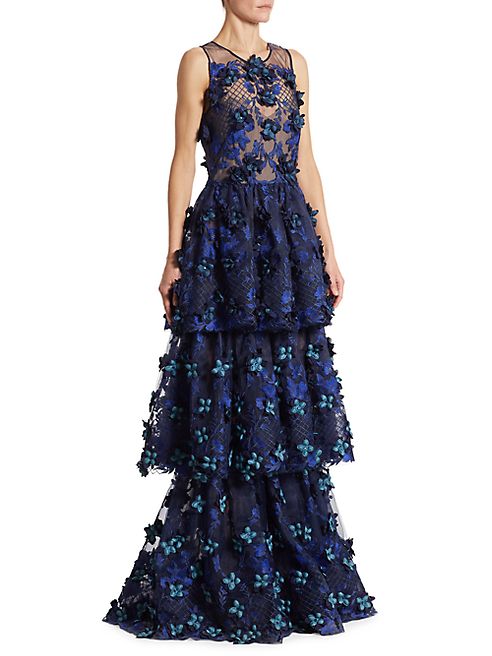 Marchesa Notte - Tiered Embroidered Gown