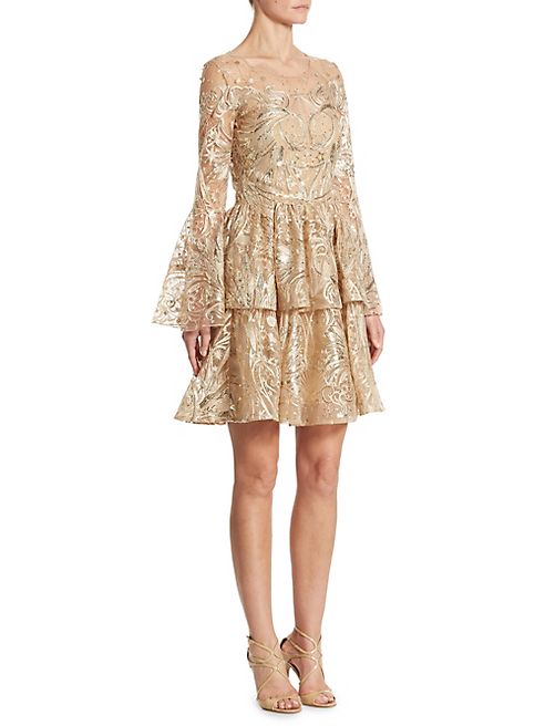 Marchesa Notte - Metallic Embroidered Bell Sleeve Dress