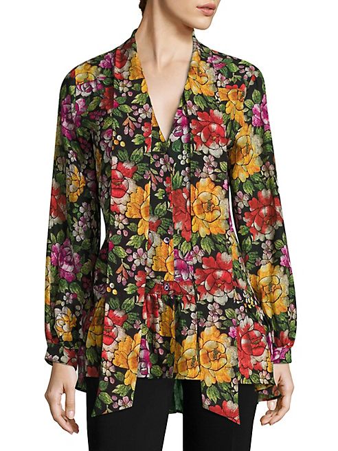 Etro - Floral-Print Silk Tie-Neck Blouse