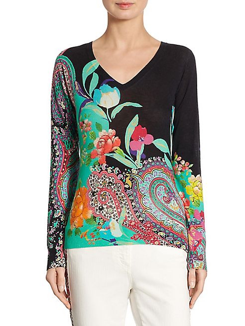 Etro - Floral Paisley Silk & Cashmere V-Neck Sweater