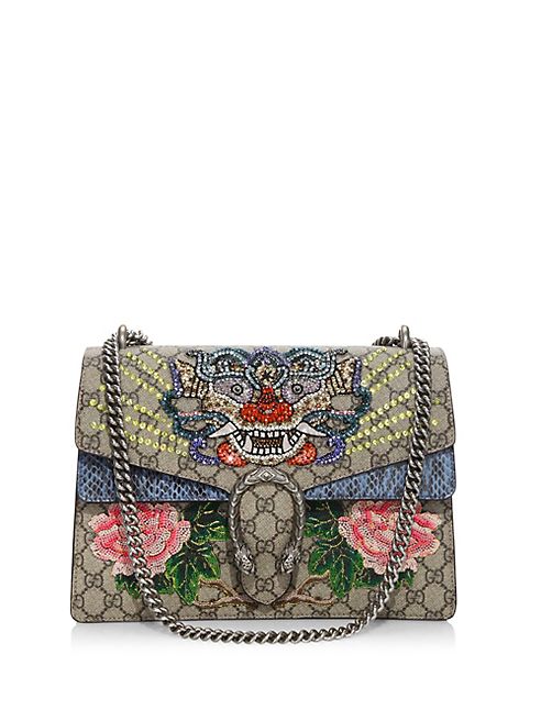 Gucci - Dionysus Medium Embroidered GG Supreme & Snakeskin Chain Shoulder Bag