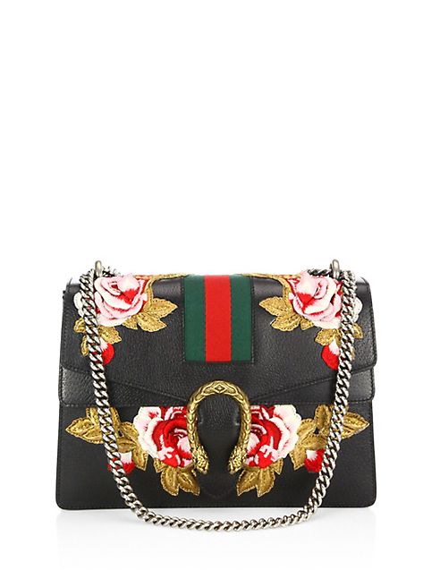 Gucci - Dionysus Rose-Embroidered Leather Shoulder Bag