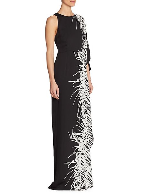 Halston Heritage - Botanical-Print Asymmetrical Sleeve Dress