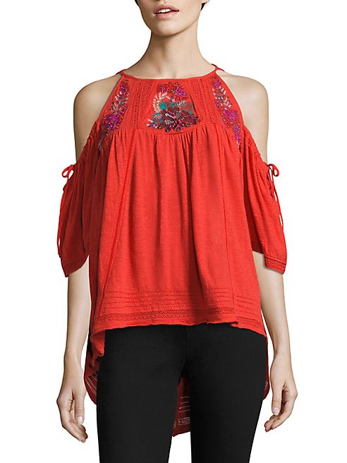 Free People - Fast Times Cold-Shoulder Embroidered Top