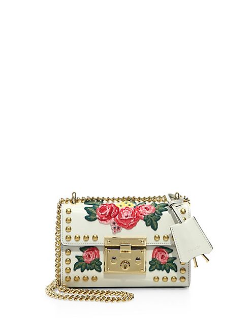 Gucci - Padlock Floral-Embroidered Studded Leather Chain Shoulder Bag