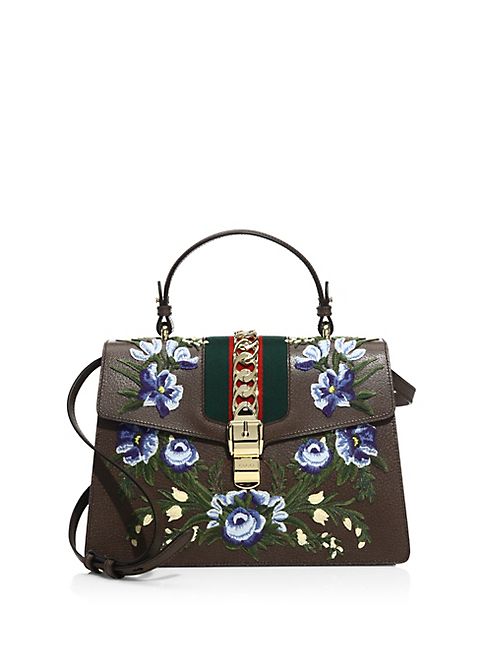 Gucci - Sylvie Floral-Embroidered Leather Top Handle Bag