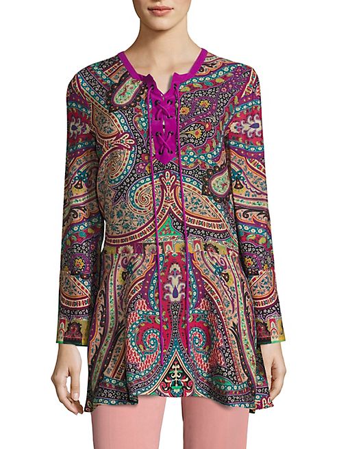 Etro - Paisley-Print Silk Lace-Up Blouse