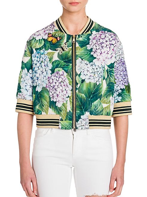 Dolce & Gabbana - Quilted Hydrangea-Print Silk Charmeuse Cropped Bomber Jacket