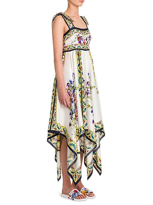 Dolce & Gabbana - Floral Tile-Print Silk Shoulder-Tie Dress