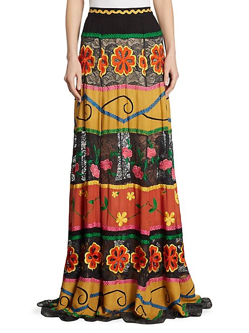 Alice + Olivia - Athena Embroidered Lace-Inset Maxi Skirt