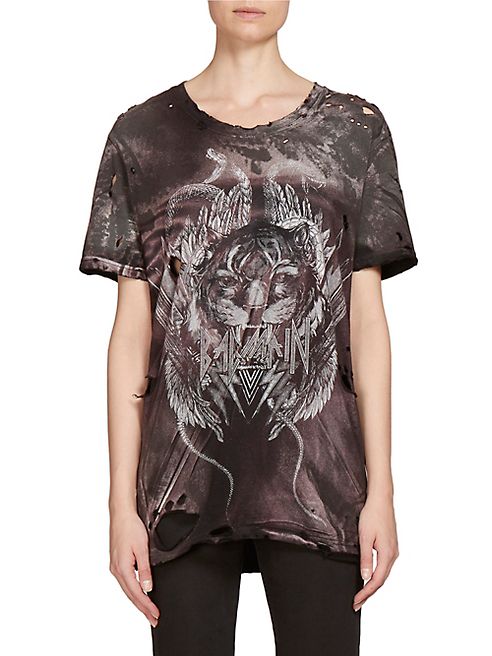 Balmain - Distressed Stonewashed Tiger-Print Tee