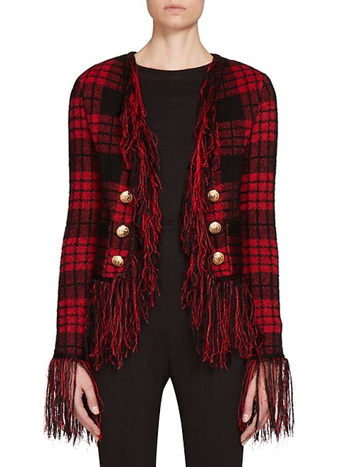 Balmain - Button-Detail Fringed Plaid Jacket