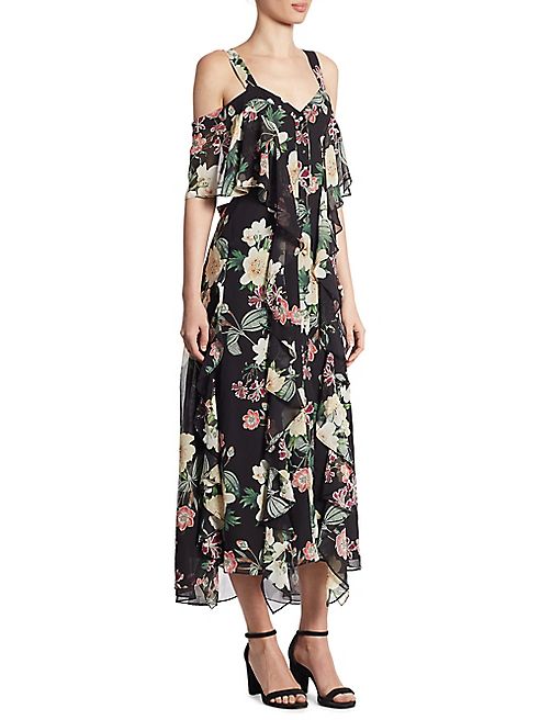 NICHOLAS - Camille Ruffled Cold-Shoulder Silk Midi Dress