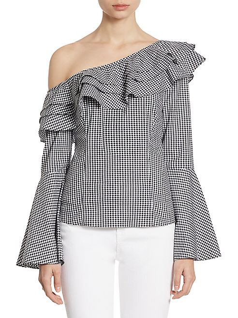 Scripted - Ruffled One-Shoulder Gingham Top