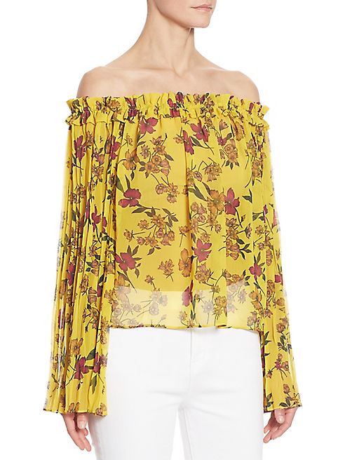 Scripted - Pleated Off-The-Shoulder Floral-Print Blouse