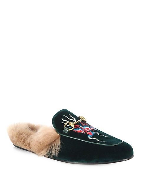 Gucci - Dragon Velvet & Shearling Princetown Slippers