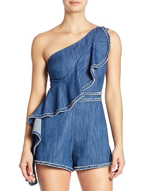 Alexis - Blakely Ruffled One-Shoulder Denim Romper