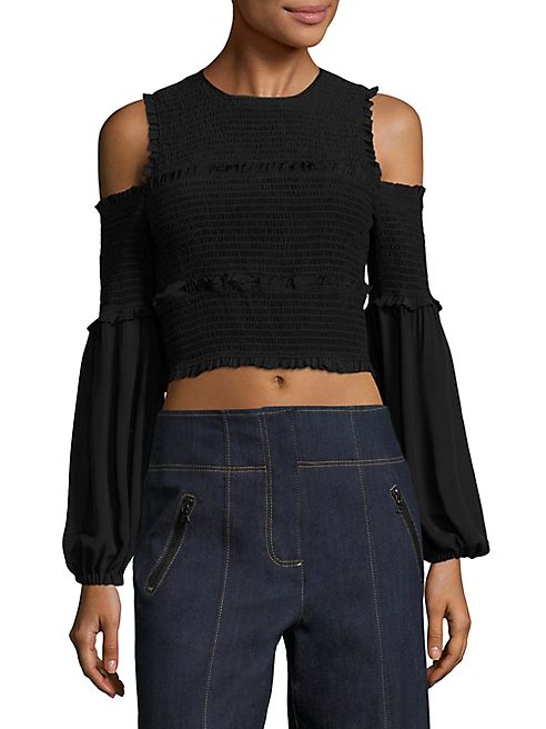 Cinq à Sept - Pascal Smocked Cold-Shoulder Silk Cropped Top