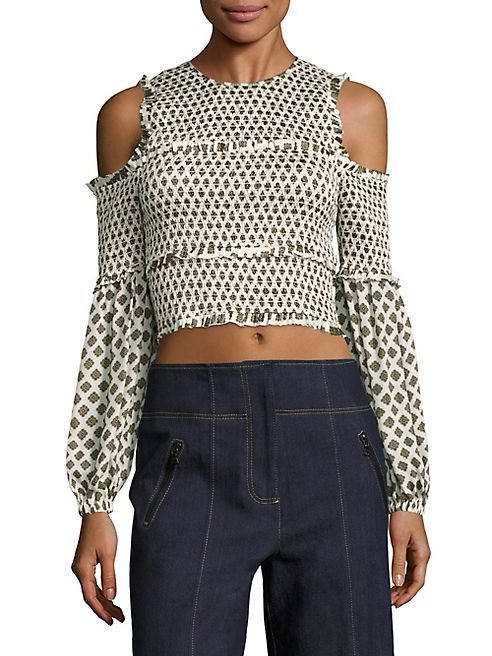 Cinq à Sept - Pascal Printed Cold-Shoulder Silk Cropped Top